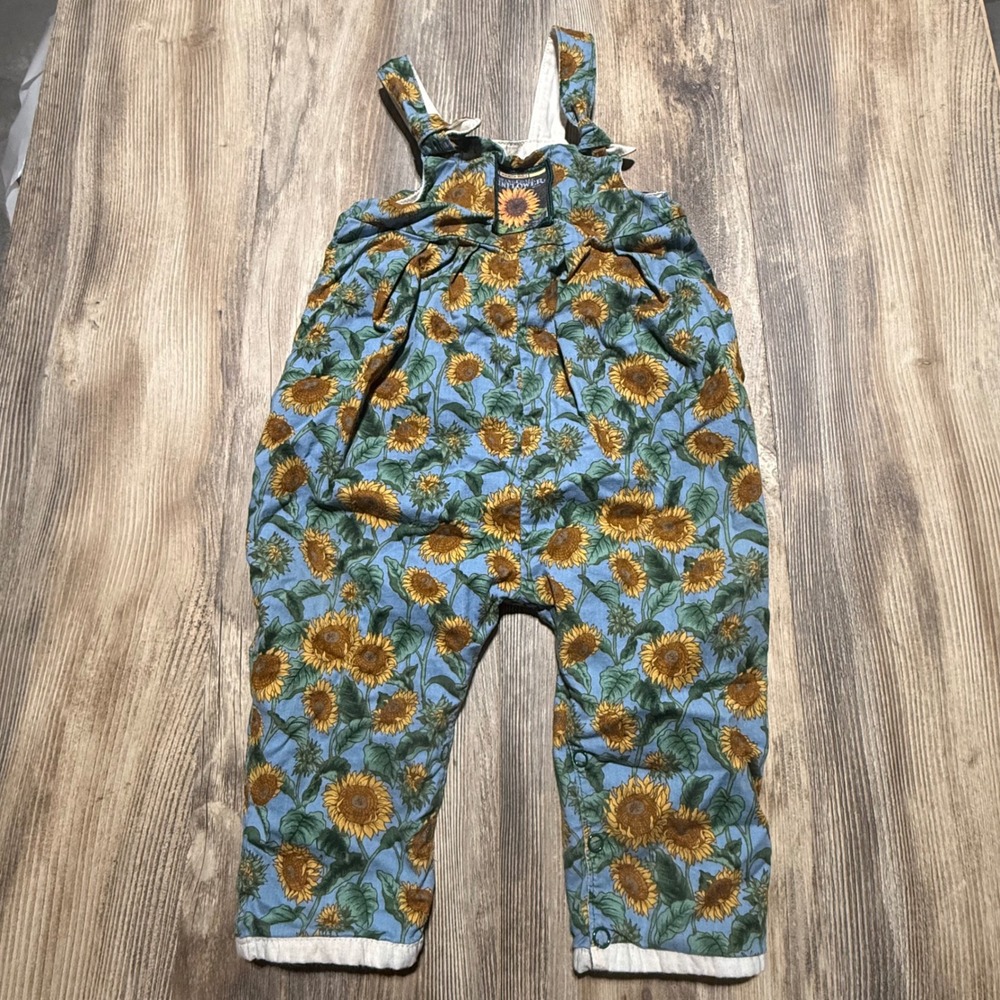 Vintage Seedlings Overalls Blue Sunflower Print Cottagecore Kids M